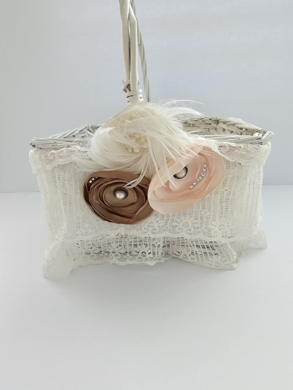 Vintage Shabby Chic Flower Girl Basket Lace Ostrich Feather Cottagecore